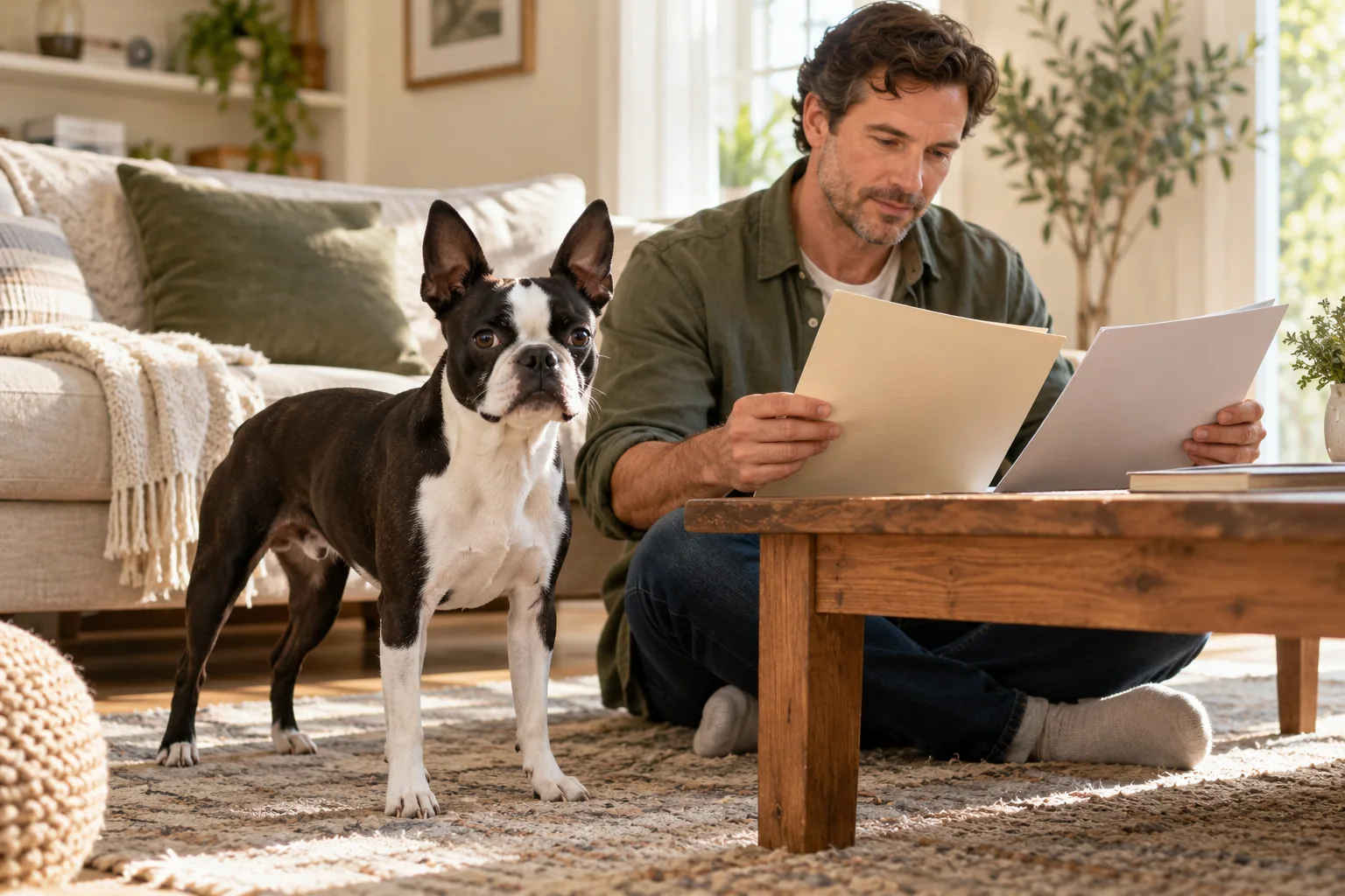 Boston terrier standing beside an owner comparing folders at home